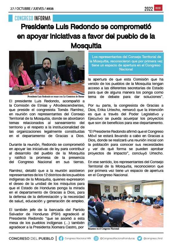 Presidente Luis Redondo se comprometió en apoyar iniciativas a favor del pueblo de la Mosquitia